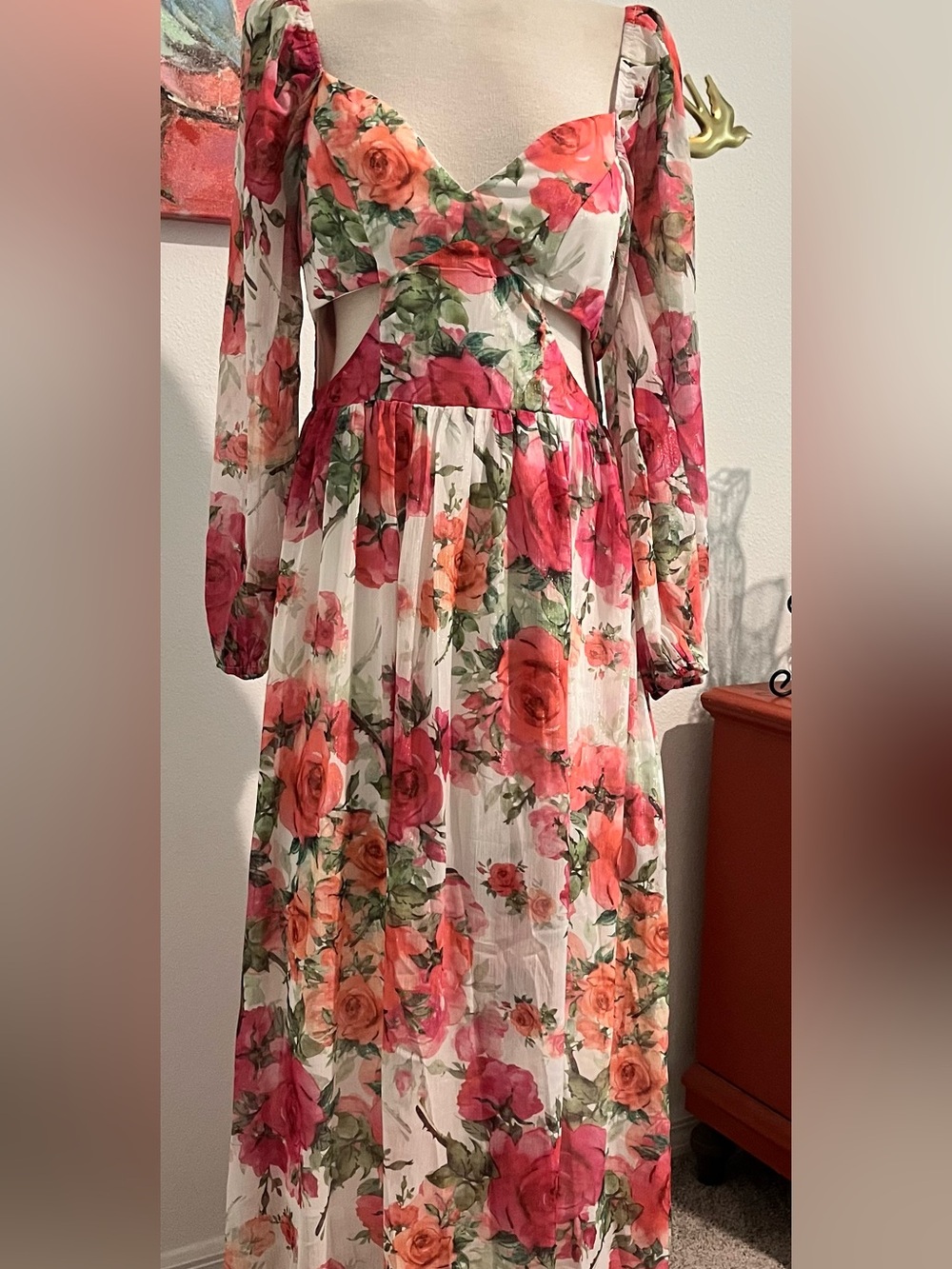 Romantic Shimmery Pink & Green Floral Cutout Maxi Dress